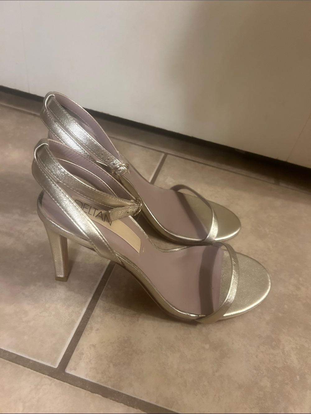 Deltan 7.5 Metallic Gold Ankle-Strap Heeled Sandals